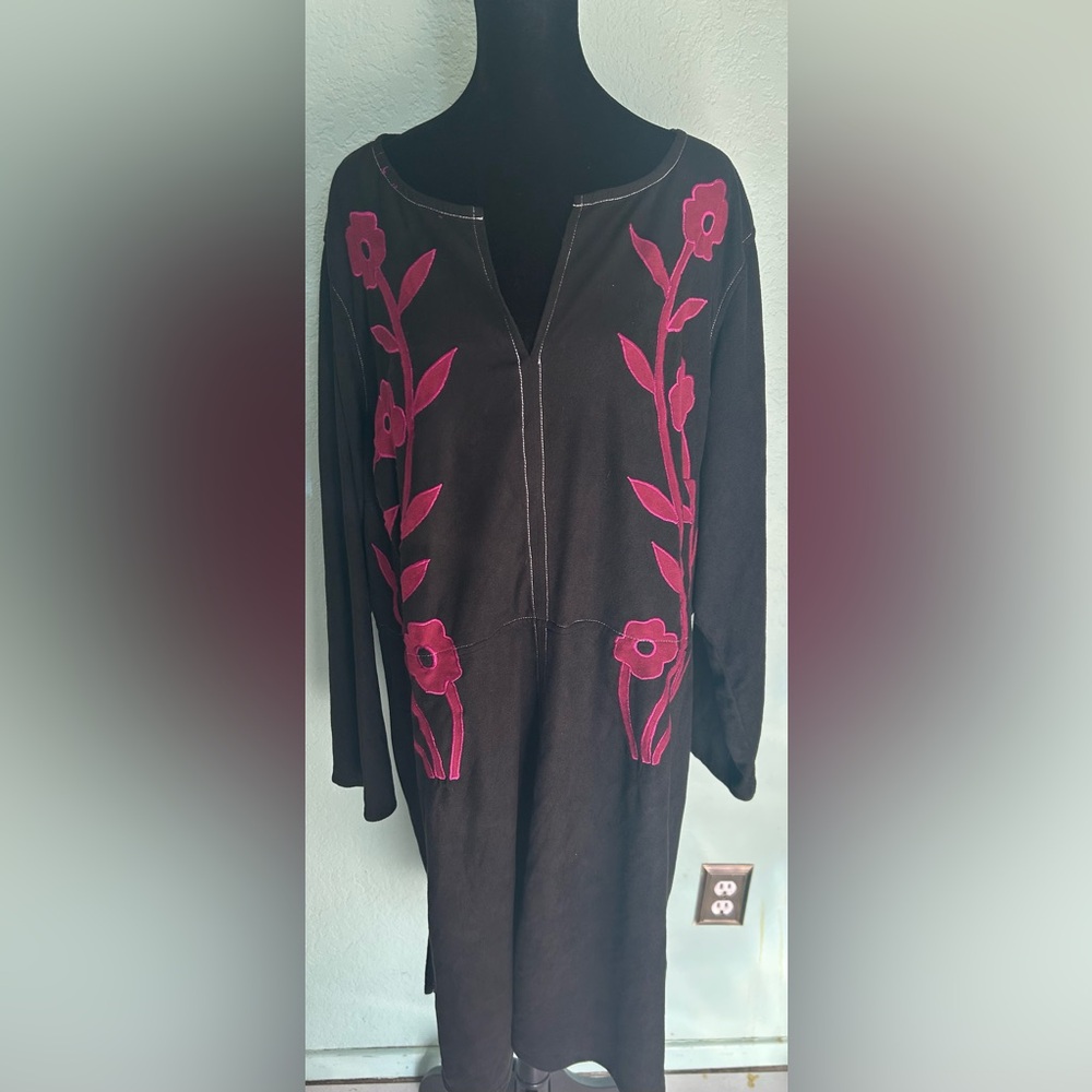 eShakti Black Midi Dress with Pink Floral Embroidery